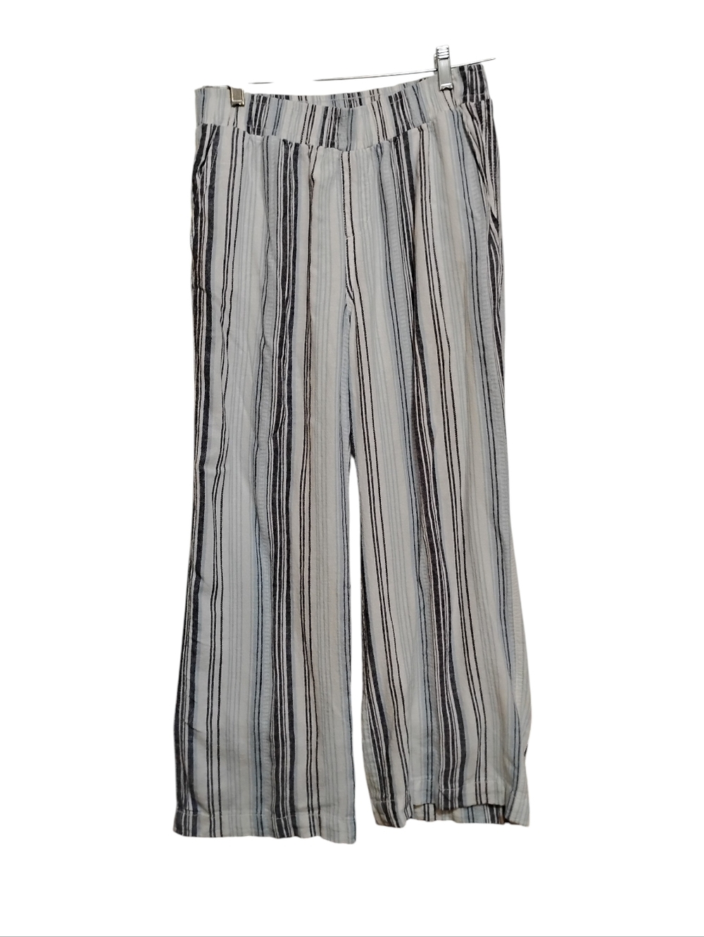 BRIGGS New York Cream Blue Black Vertical Stripe Wide-Leg Pants Natural Mix M
